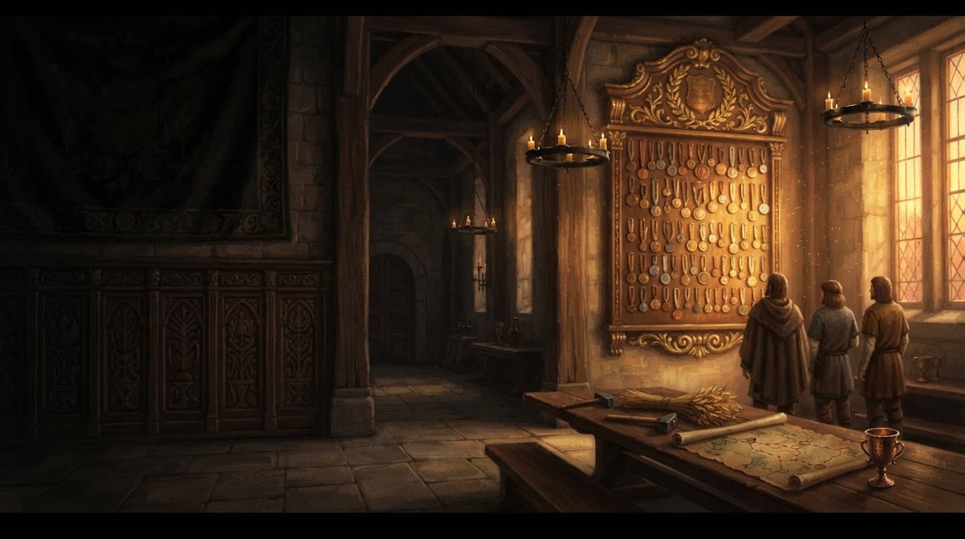 A guild hall at dusk: a carved oak honours board hung with gold and bronze medallions, lit by tall windows, with a few colonists gathered in front of it.