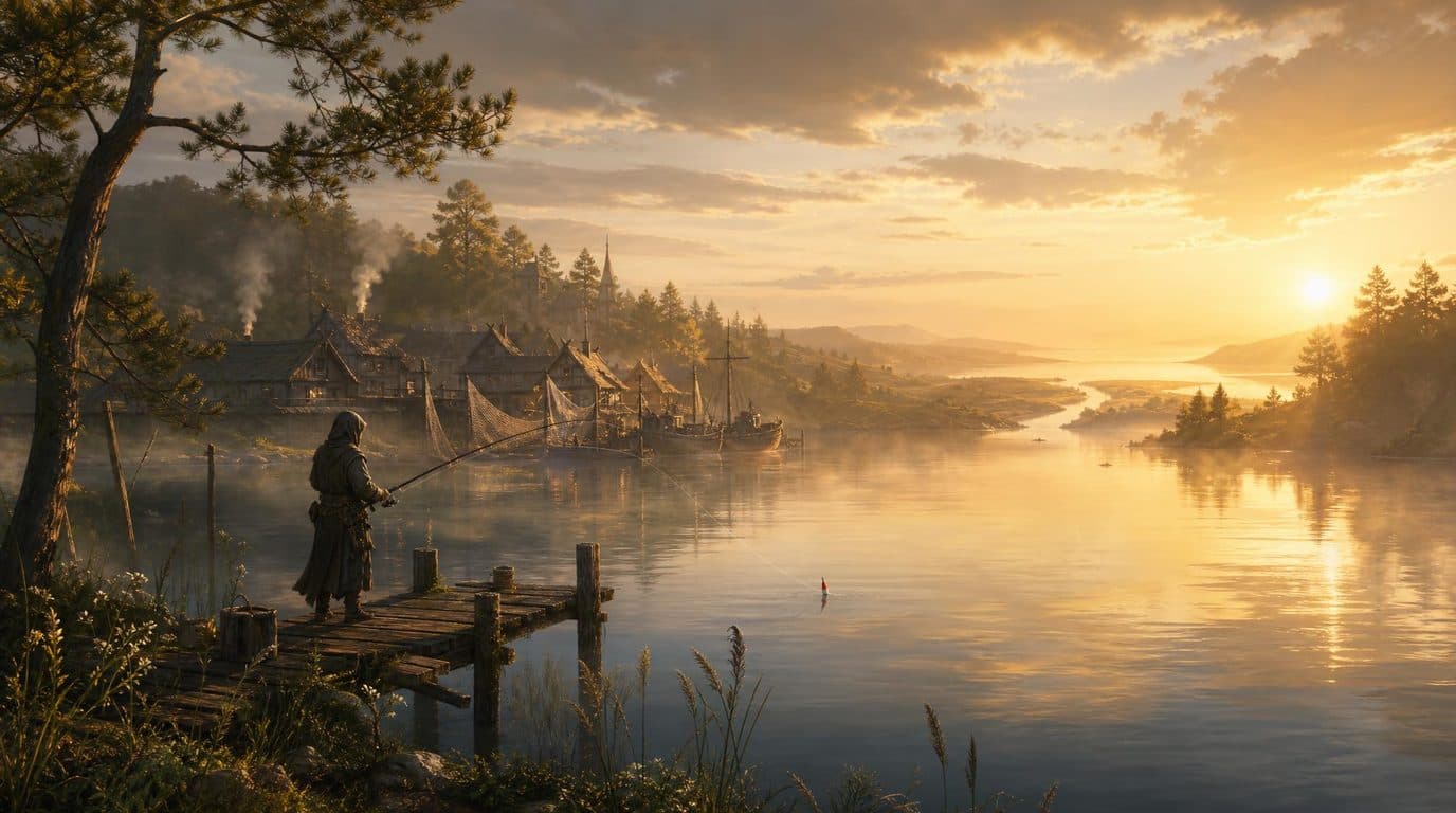 An angler in a hooded cloak casting from a wooden jetty into a misty lake under a low golden sun, a fishing village with smoke rising on the far shore.