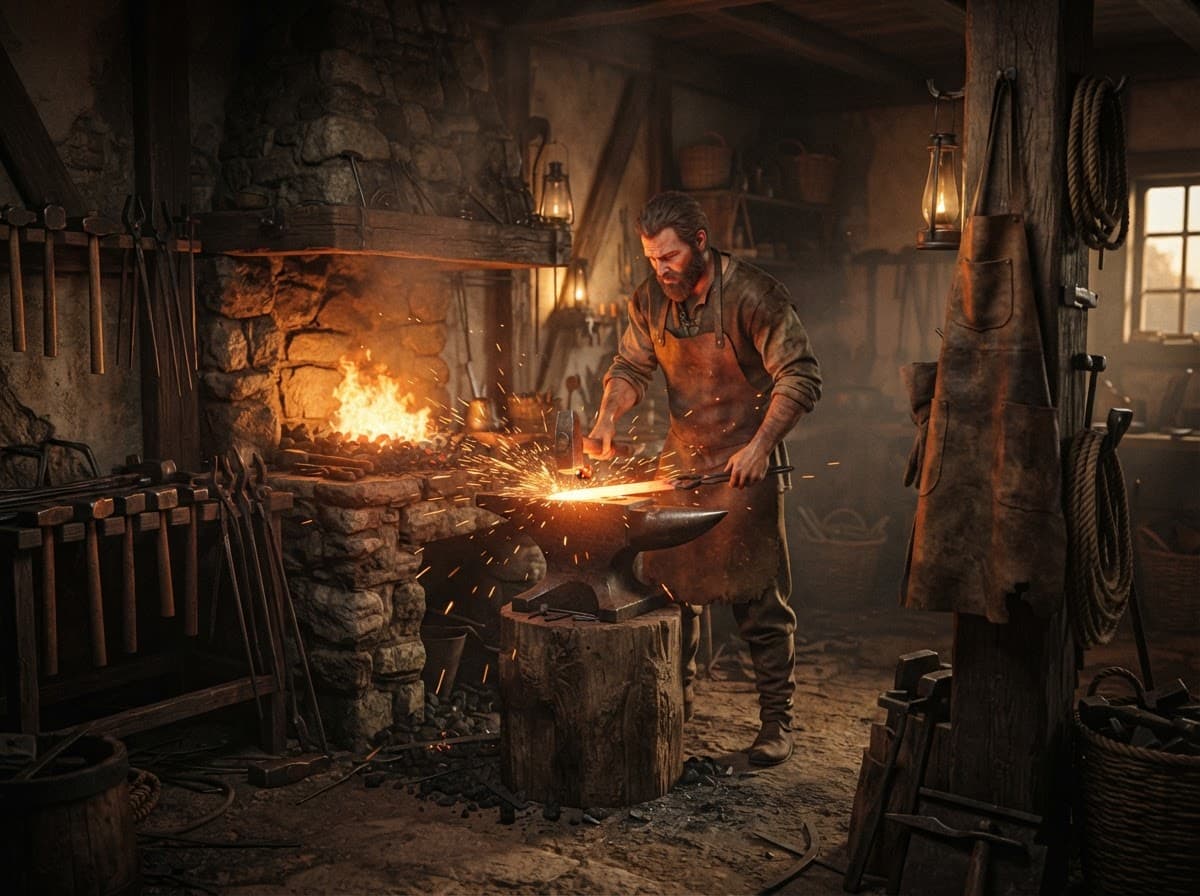 A blacksmith at work in a lantern-lit forge, sparks flying from the anvil, tools hung along stone walls.