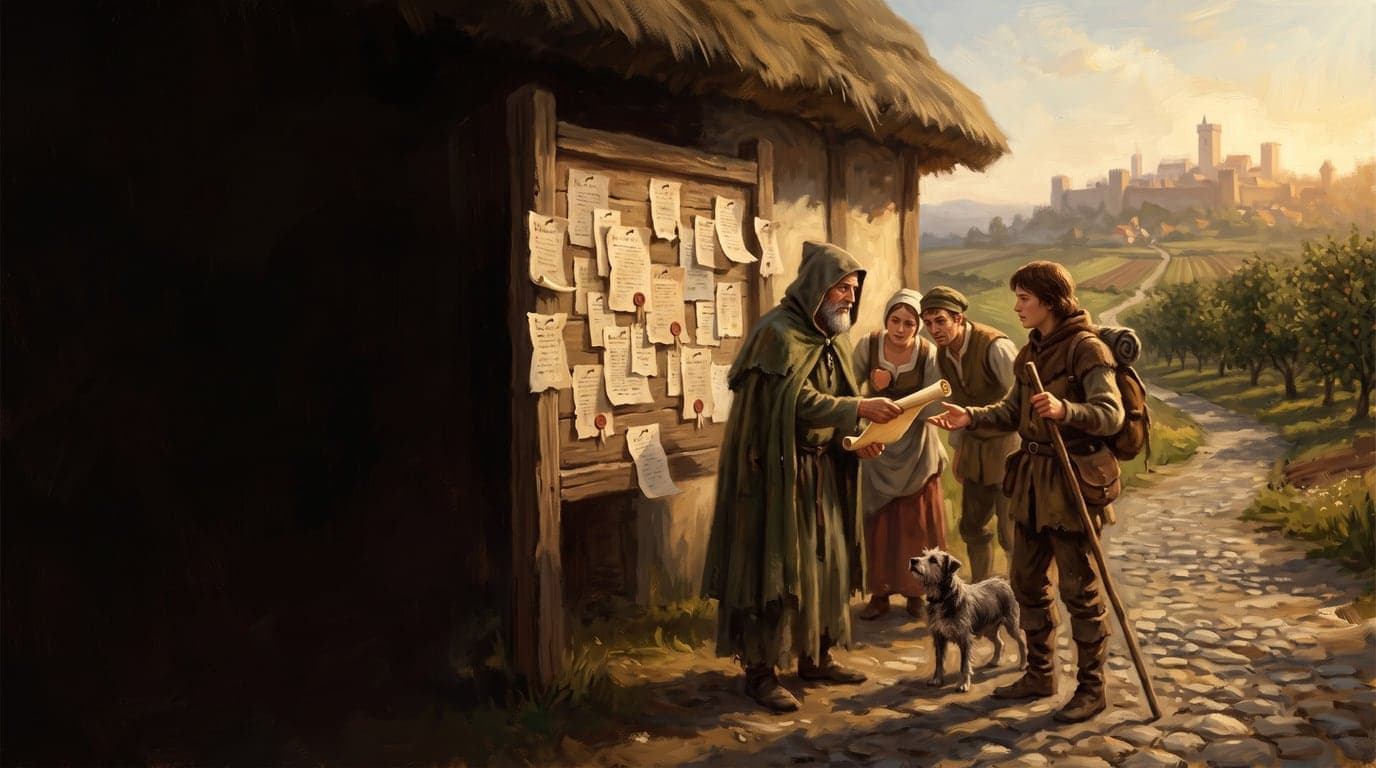 A village quest board under a thatched eave, parchment notices pinned across it, where a hooded quest giver hands a scroll to a young traveller with a pack and staff while two villagers read the notices and a dog waits; a cobbled road runs past orchards to a walled hill town in the evening sun.