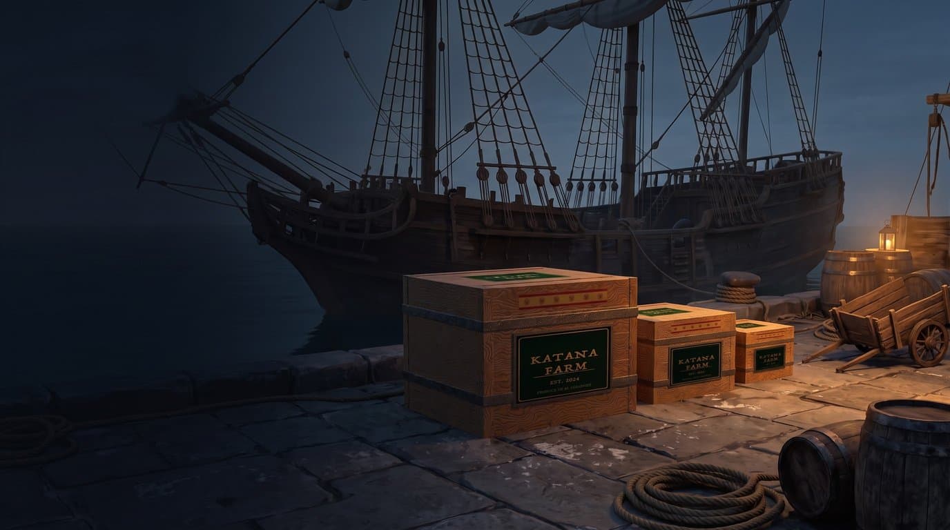 Wooden Katana Farm crates stacked on a stone quay at dusk, a galleon moored behind them, lanterns lit.