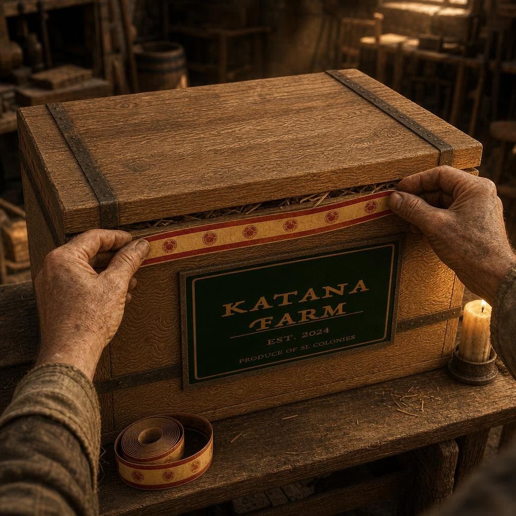 Two weathered hands pressing a gold-and-red seal band across the front of a closed Katana Farm crate, by candlelight.