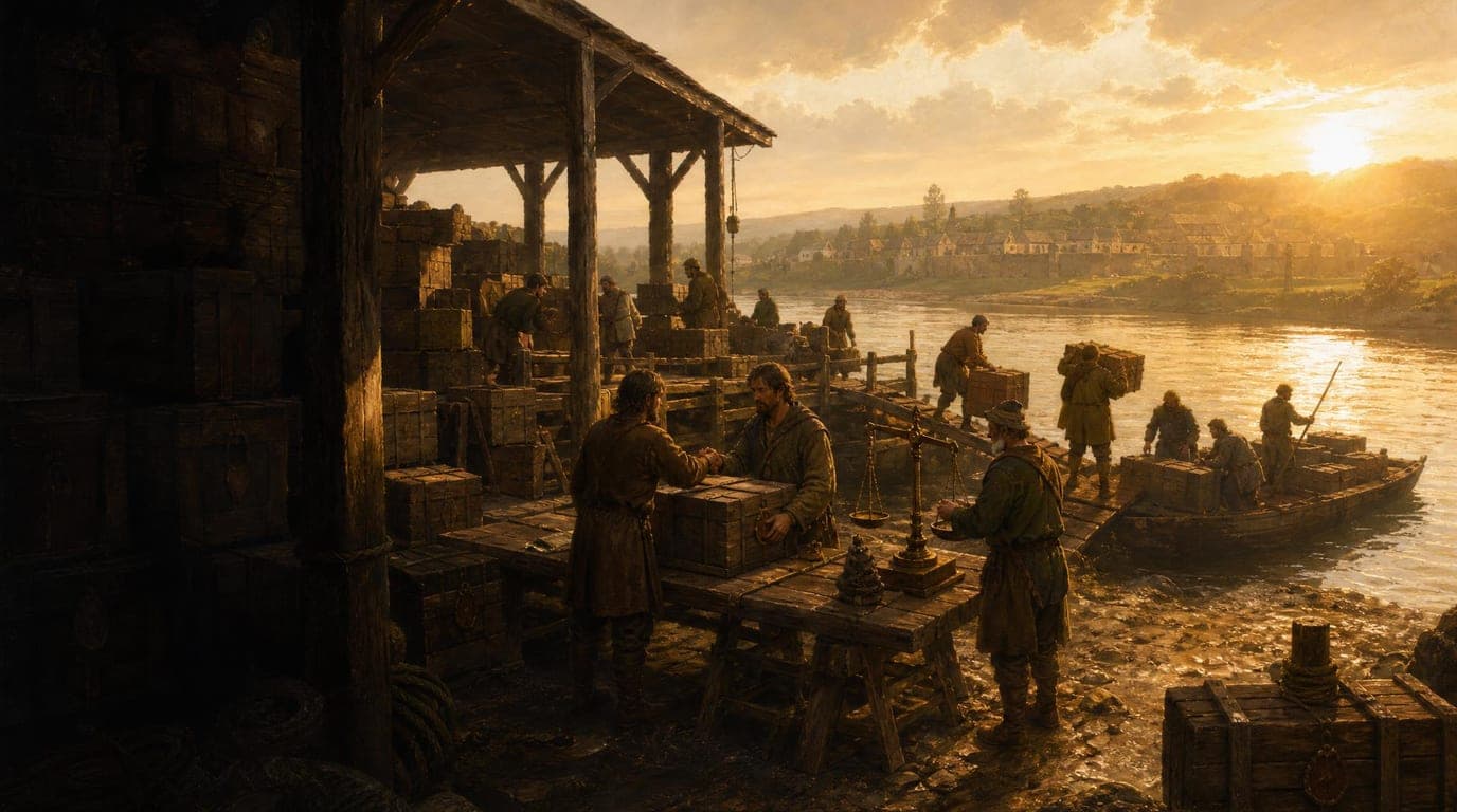 A riverside trading post at sunset: two traders shaking hands over a sealed crate on a trestle table, a merchant weighing coin beside them, and porters carrying crates down to a barge on the river.